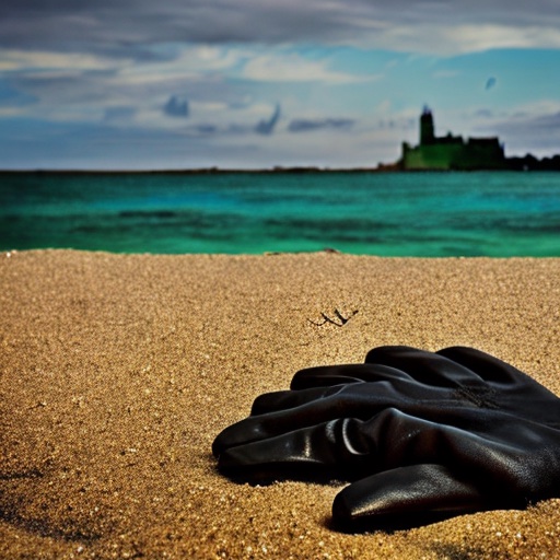 a black glove lost on a beach with a castle in the distance