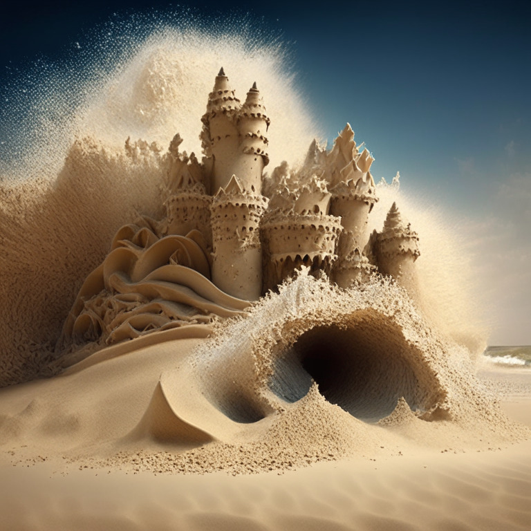 sand castle being destroyed by waves