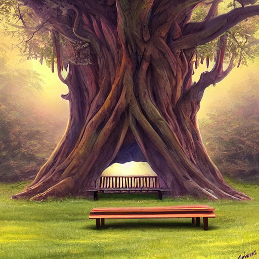 a bench under an giant, ancient tree